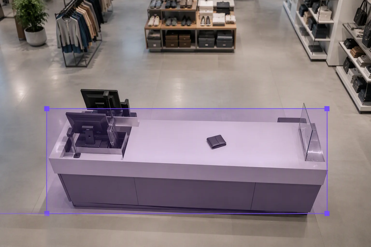 A region drawn around a checkout counter to search all motion inside it