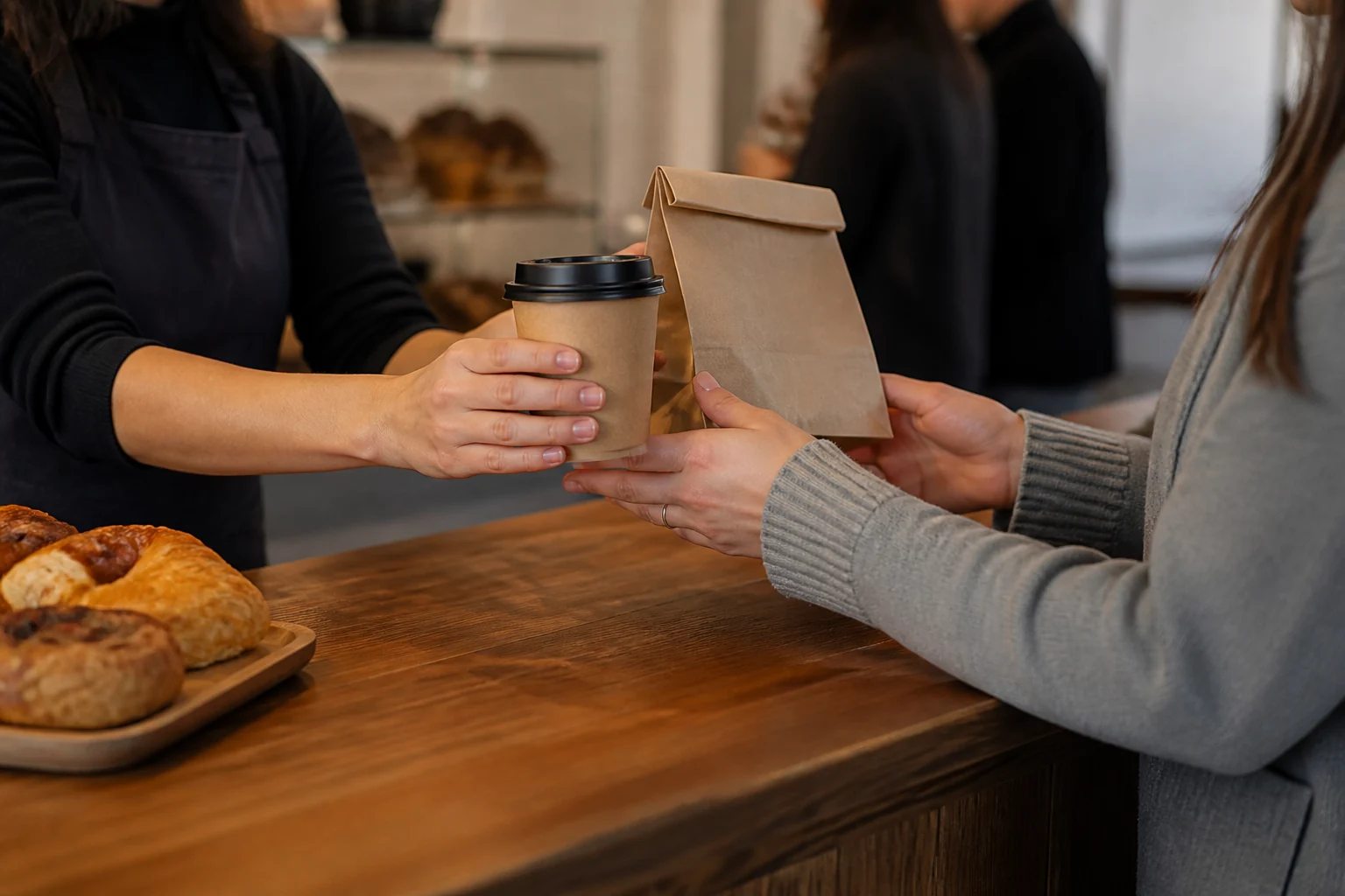 Hands passing a cafe order across a wooden counter