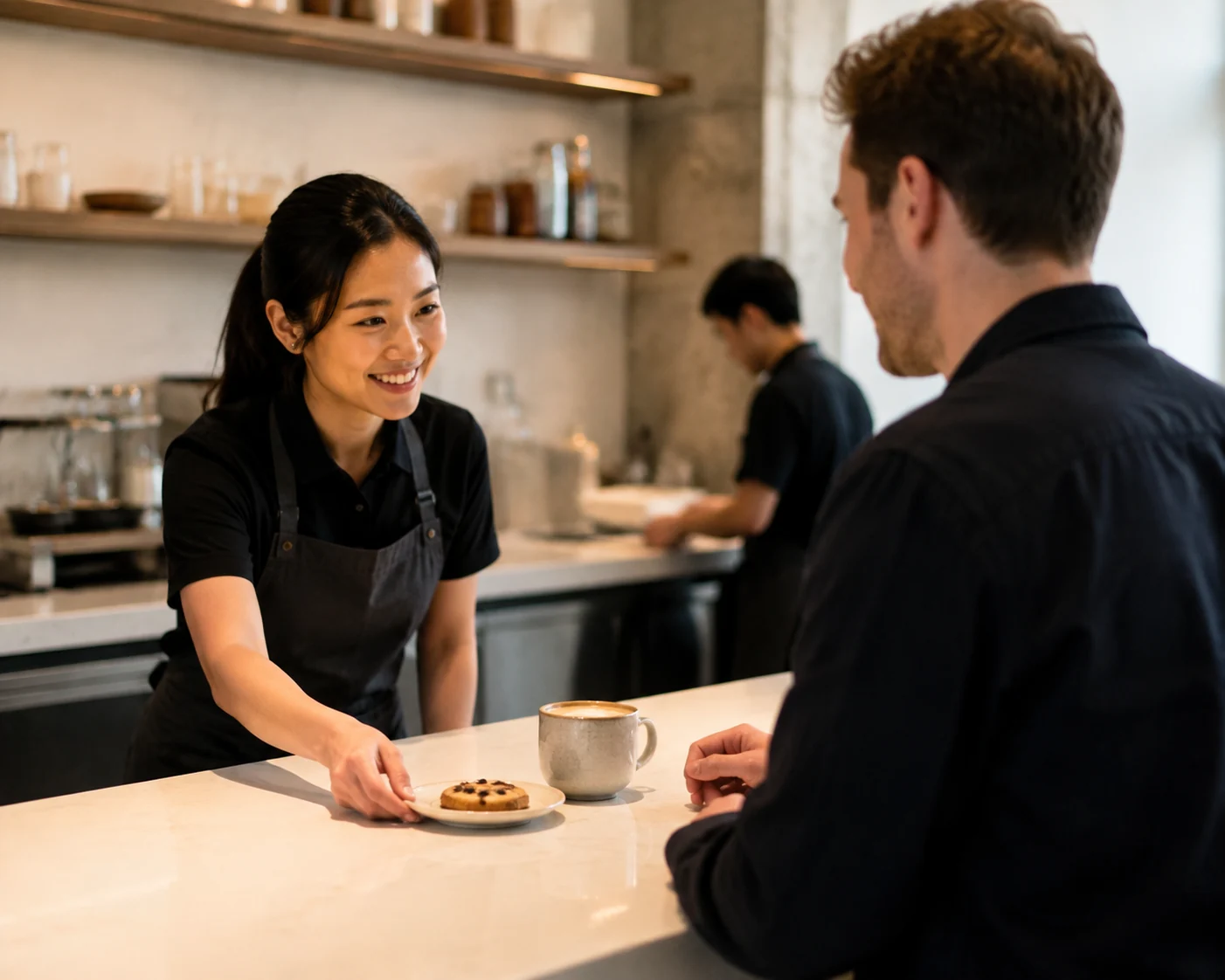 A barista placing a pastry beside a regular customer’s coffee