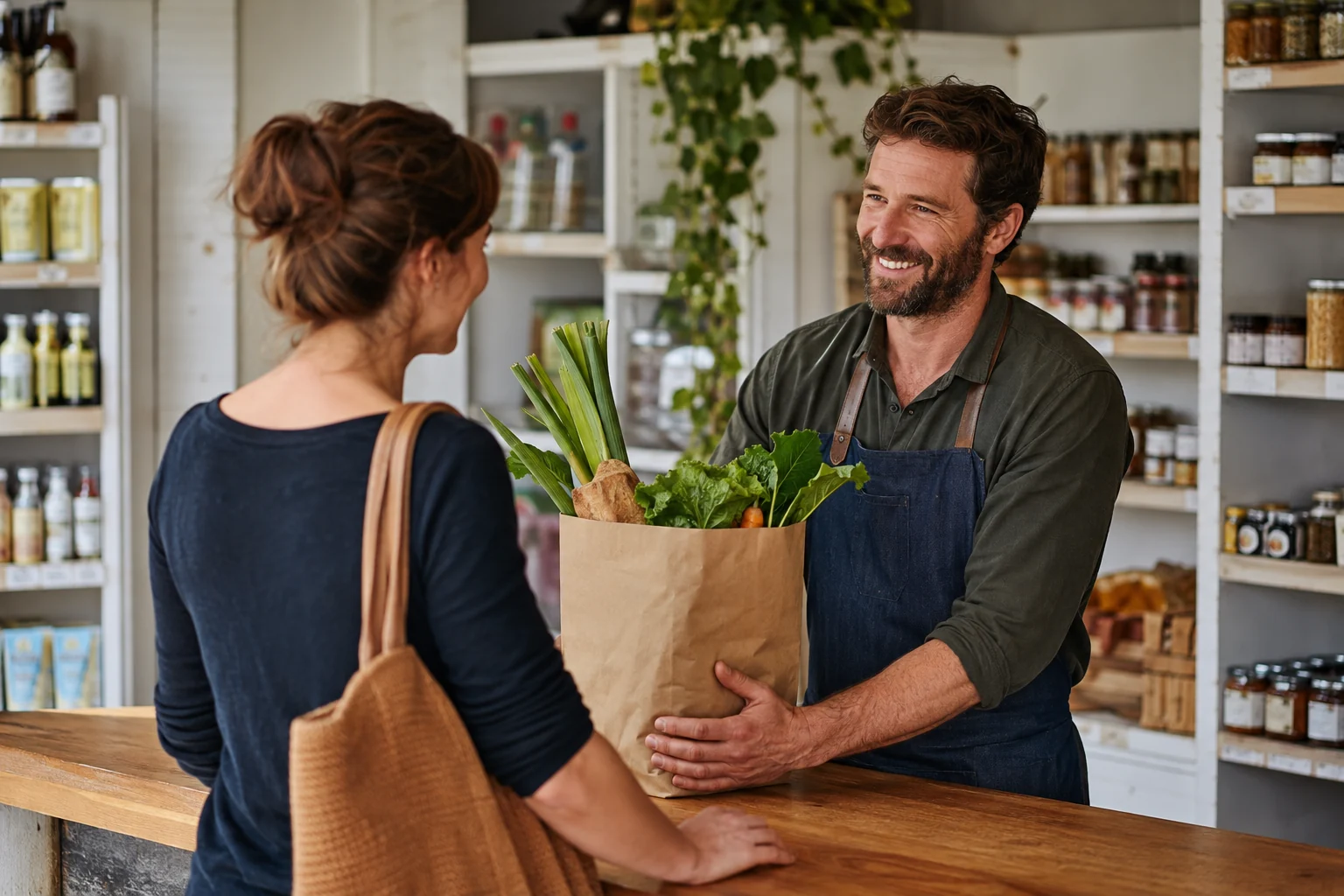 A grocery merchant welcoming a customer across the counter